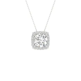 14K White Gold Lab Grown Round Diamond with Cushion Halo Necklace