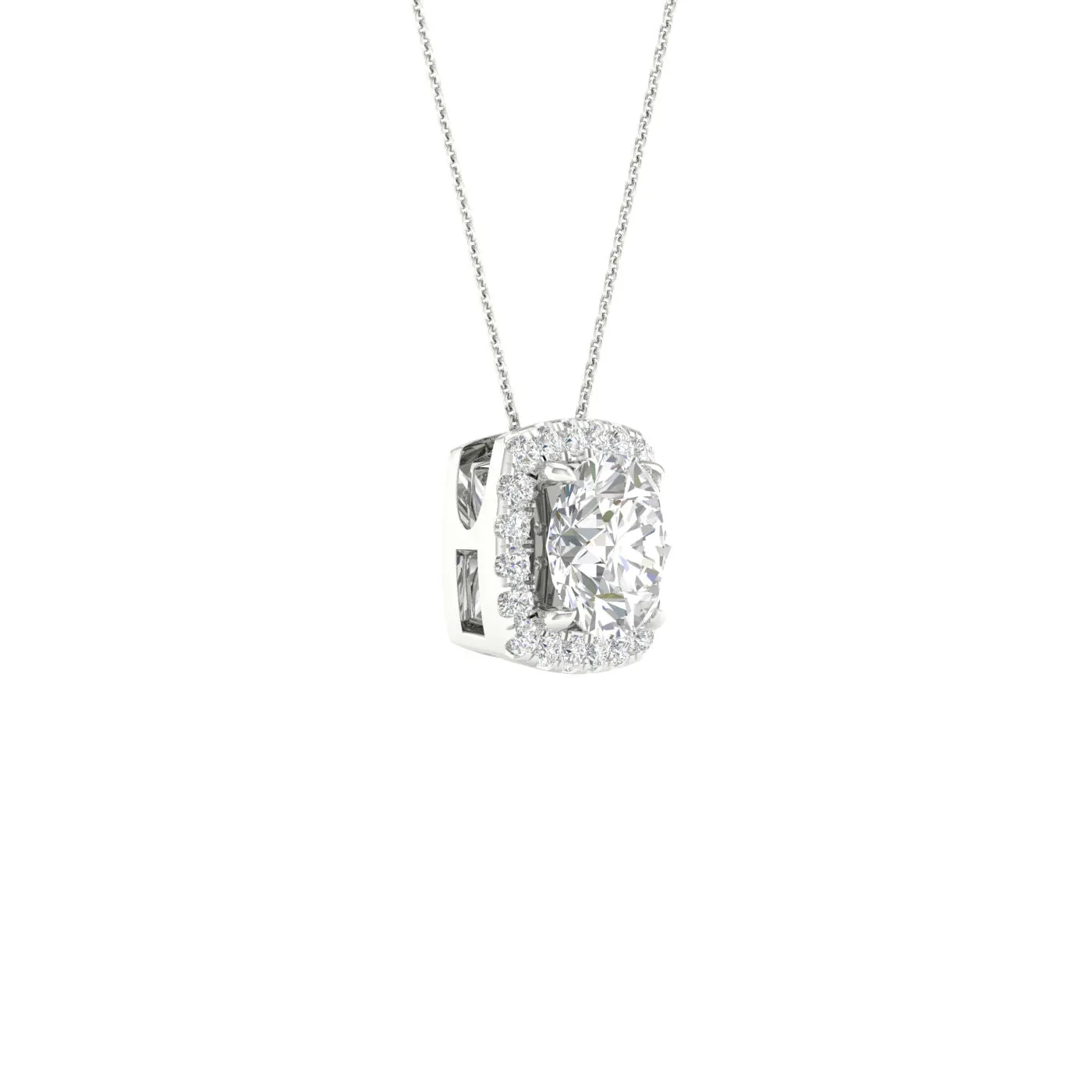 14K White Gold Lab Grown Round Diamond with Cushion Halo Necklace