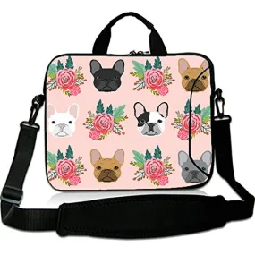 17 Inches Laptop Shoulder Bag Briefcase Cute Bull Dogs Pink Florals Waterproof Neoprene Laptop