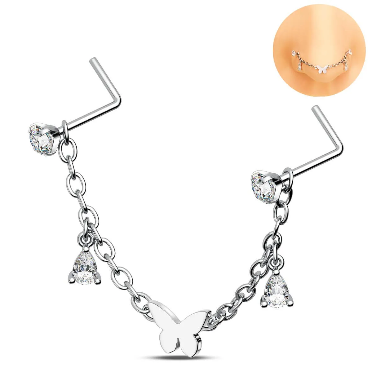 20G Removable Style Butterfly and Teardrop Dangle Nose Piercing Chain