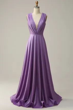 A Line Deep V Neck Purple Sleeveless Long Prom Dress