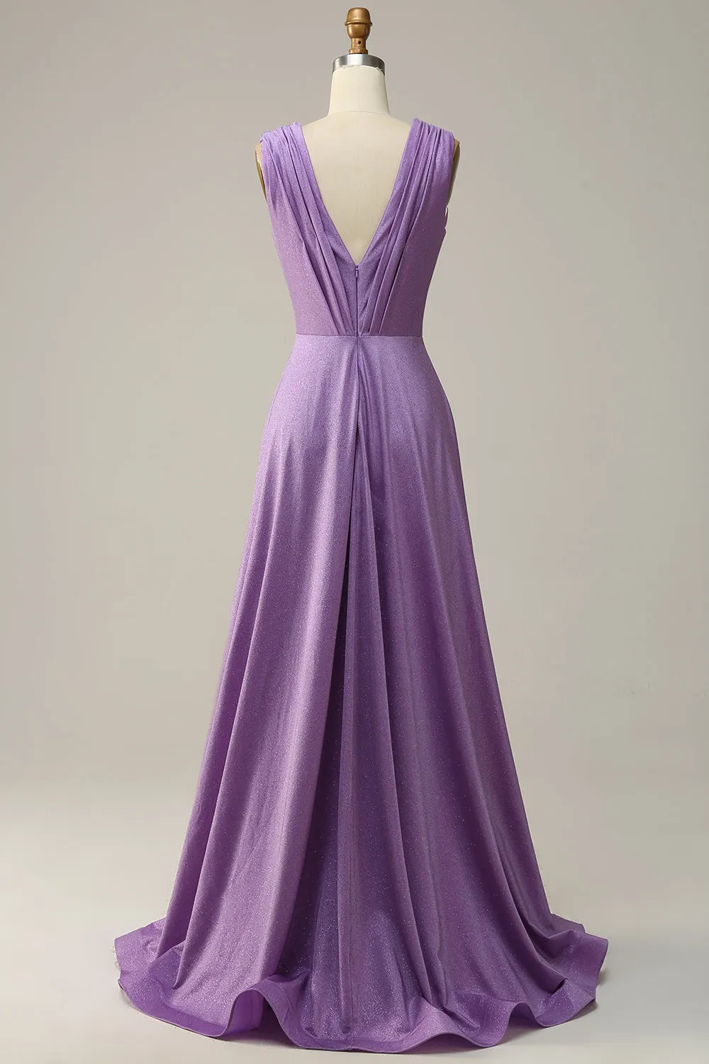 A Line Deep V Neck Purple Sleeveless Long Prom Dress