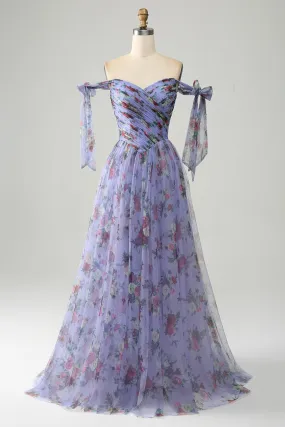 A-Line Lavender Printed Adjustable Straps Long Prom Dress