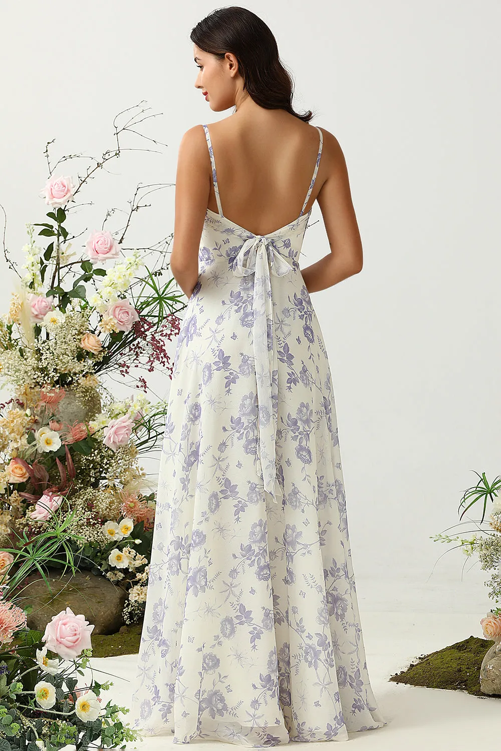 A Line Spaghetti Straps Purple Flower Printed Long Bridesmaid Dress