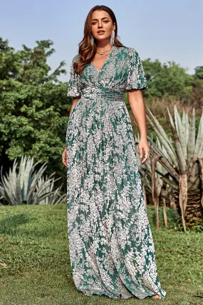 A Line V Neck Green Floral Printed Plus Size Prom Dress with Short Sleeves