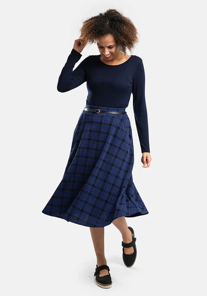 Anais Blue & Black Check Jacquard A-Line Skirt