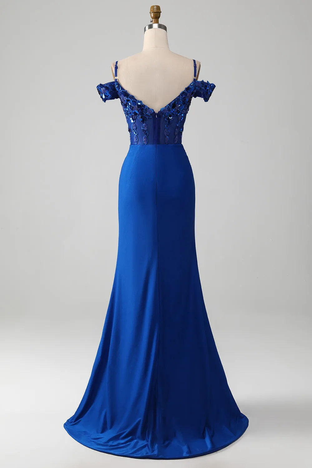 Beaded Royal Blue Corset Prom Dress with Slit