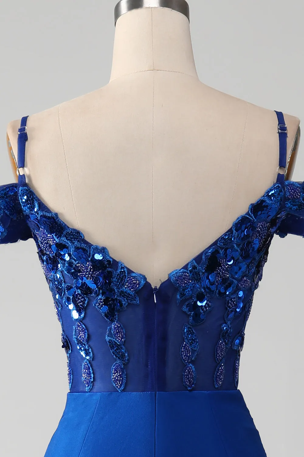 Beaded Royal Blue Corset Prom Dress with Slit