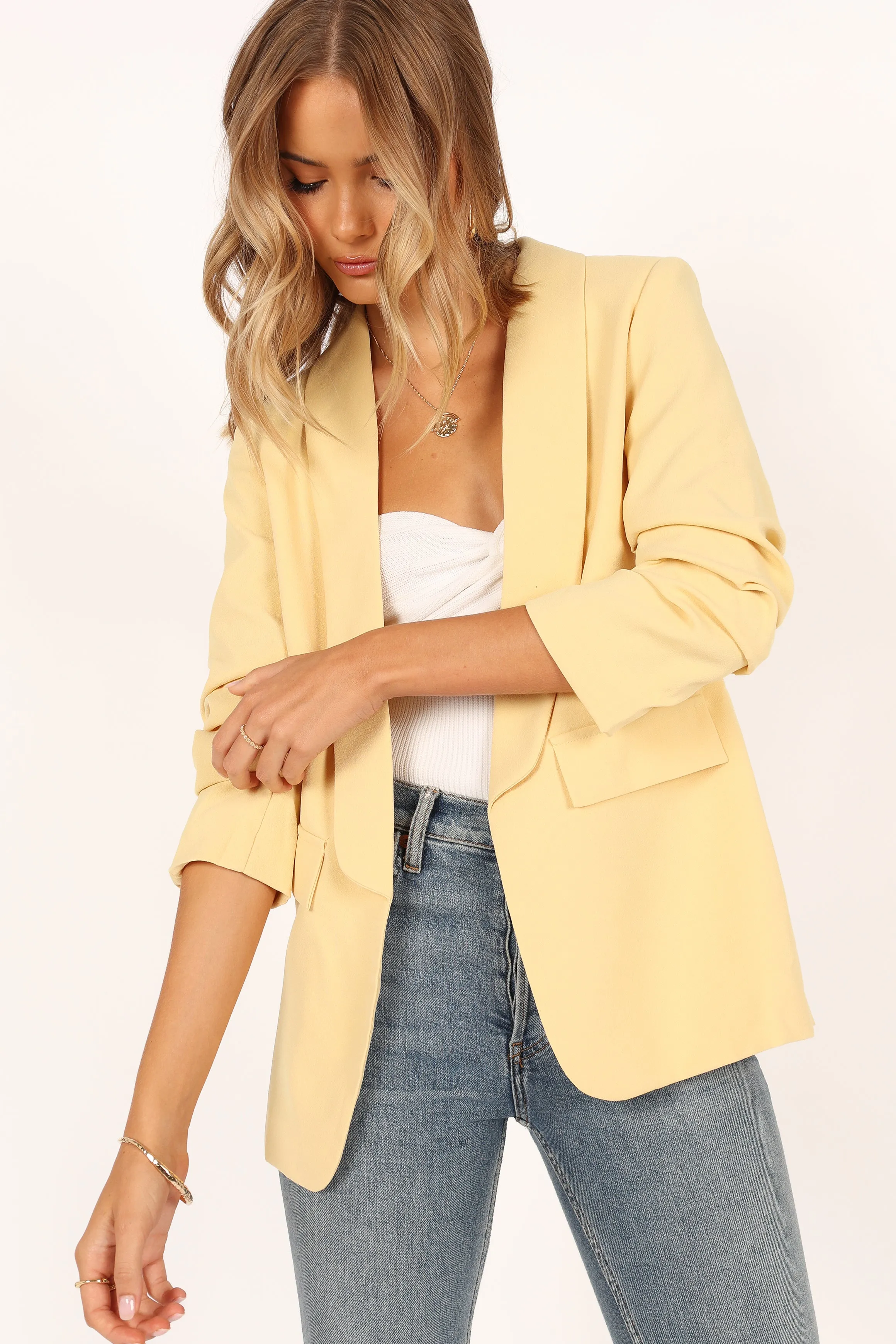 Beth Open Front Slouch Sleeve Blazer - Butter Yellow