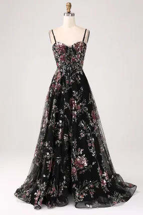 Black A-Line Flower Sequins Long Corset Prom Dress