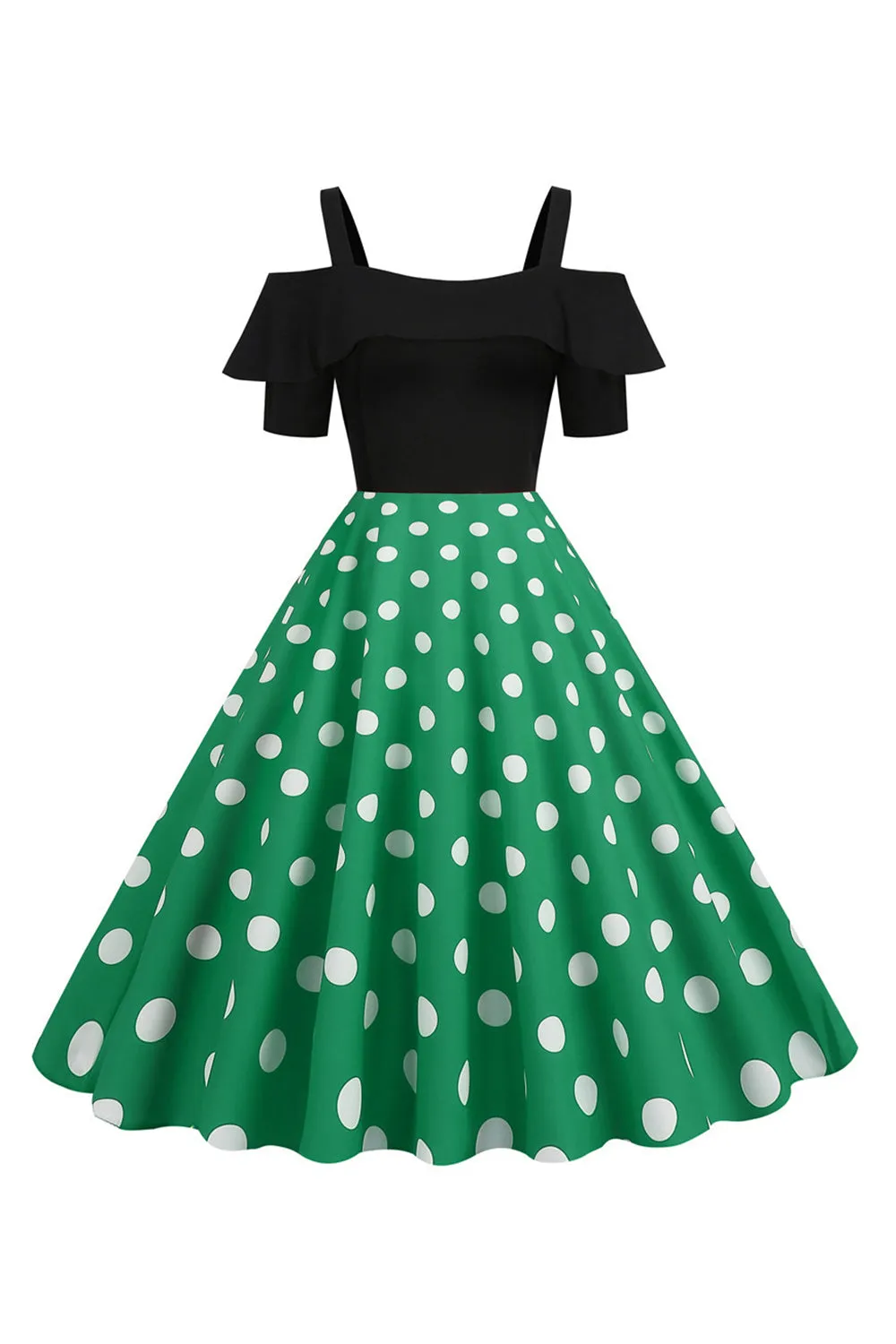 Black Cold Shoulder Polka Dots 1950s Dress