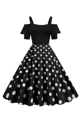 Black Cold Shoulder Polka Dots 1950s Dress