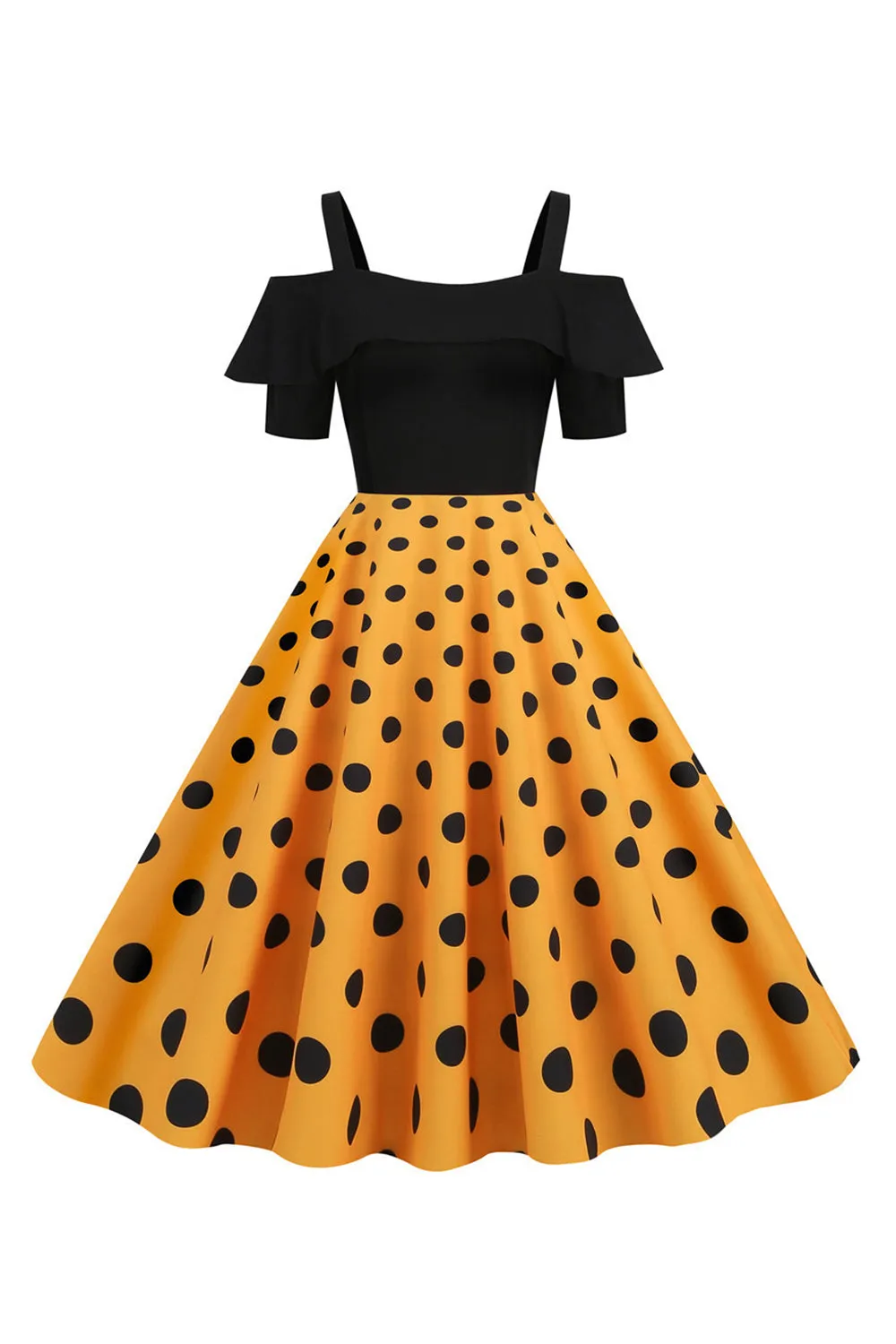 Black Cold Shoulder Polka Dots 1950s Dress