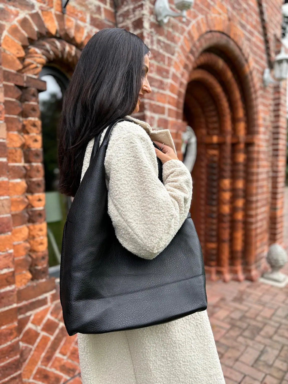 Black Faux Leather Two Piece Slouch Bag