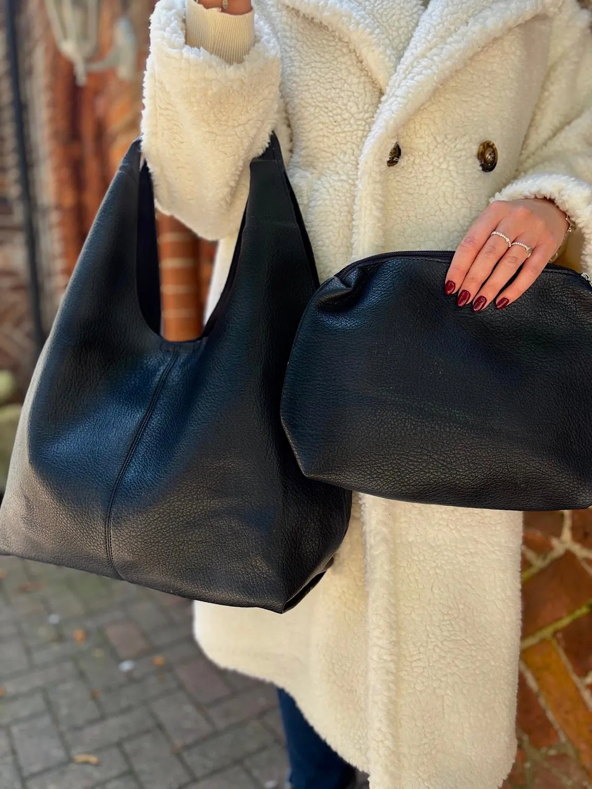 Black Faux Leather Two Piece Slouch Bag