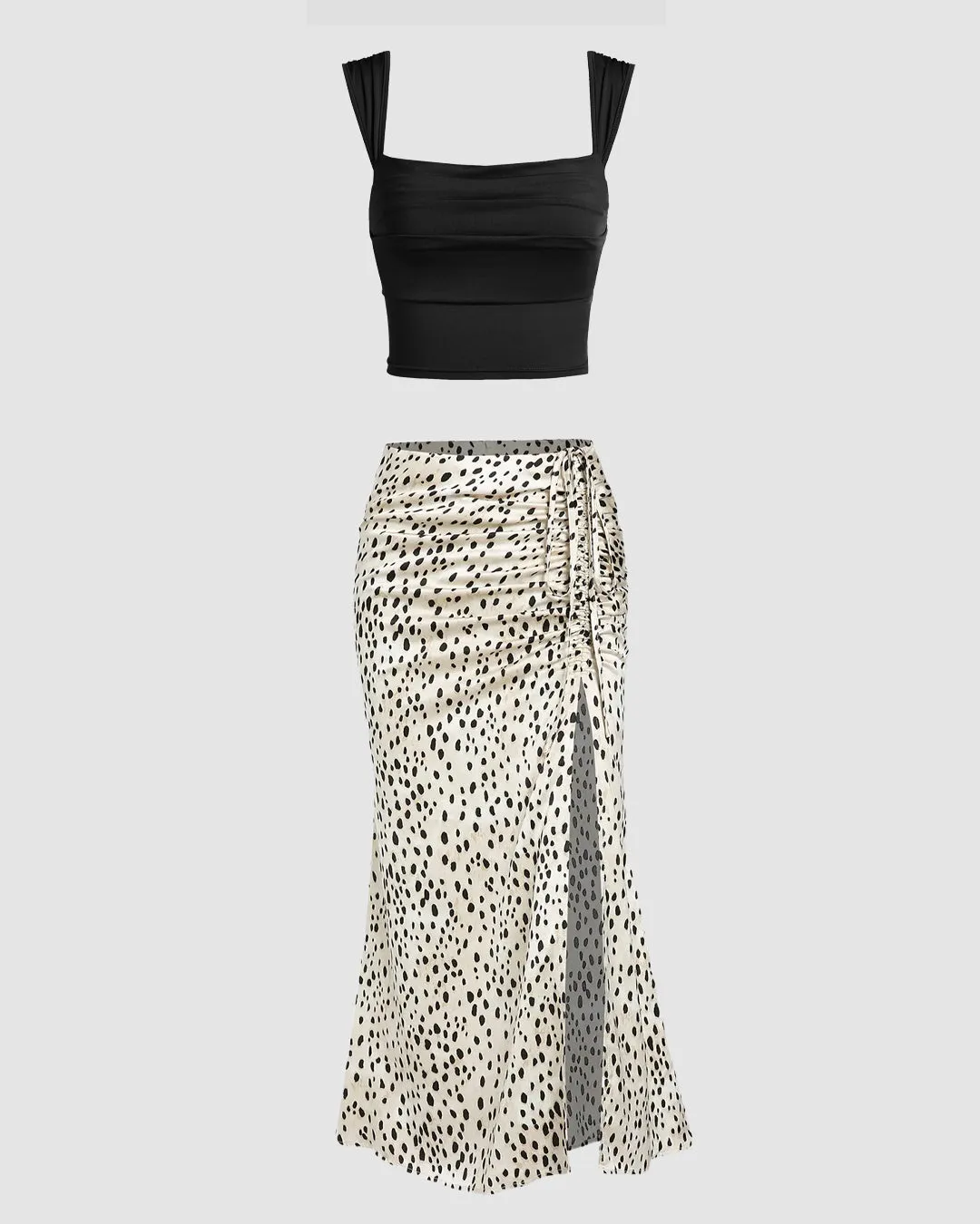 Black Top and Leopard Print Midi Skirt