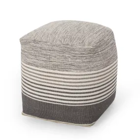 Boho Handcrafted Fabric Cube Pouf, Ivory and Gray - NH404413