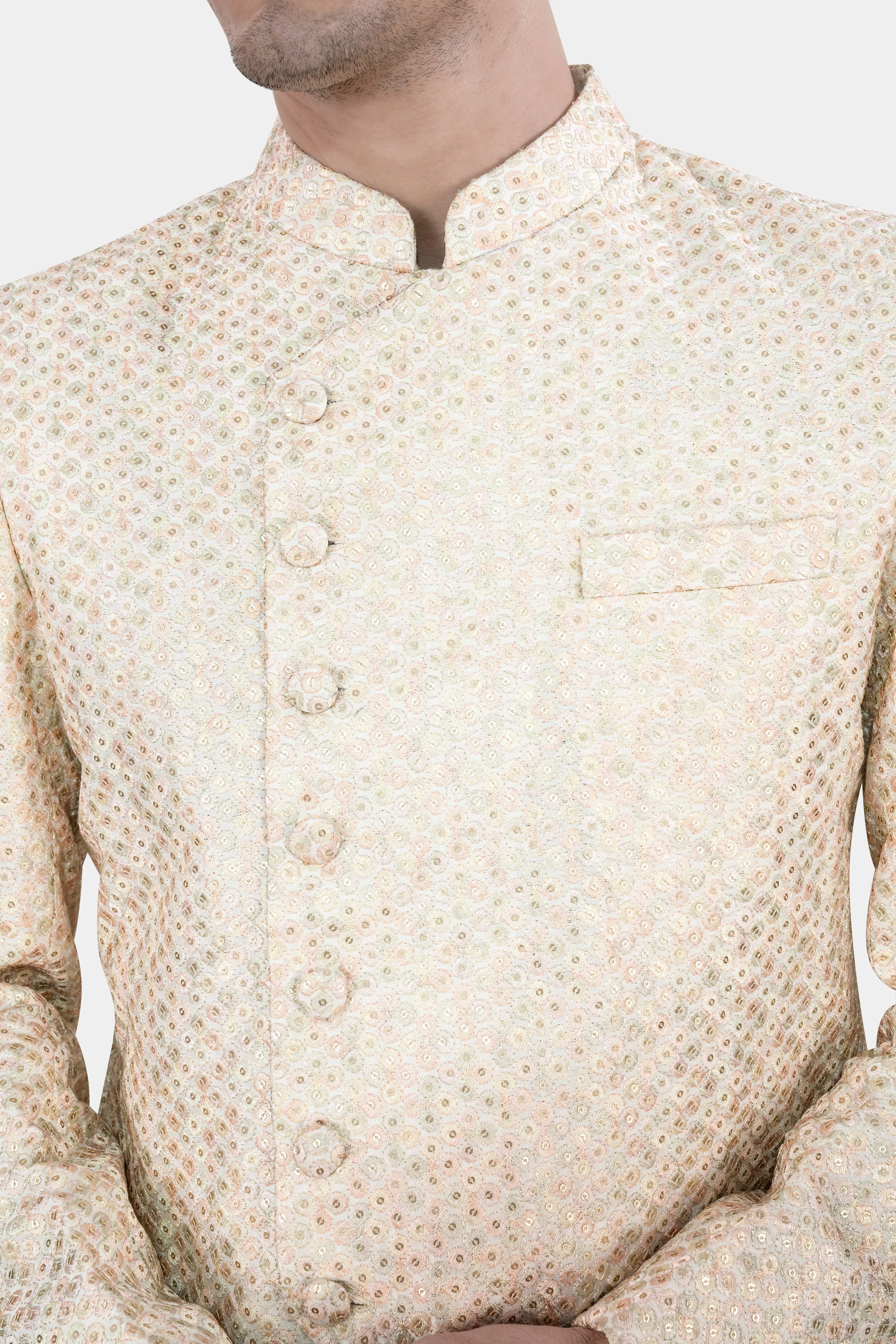 Bone Cream Embroidered with Sequins Work Sherwani with Kurta and Pajama Set