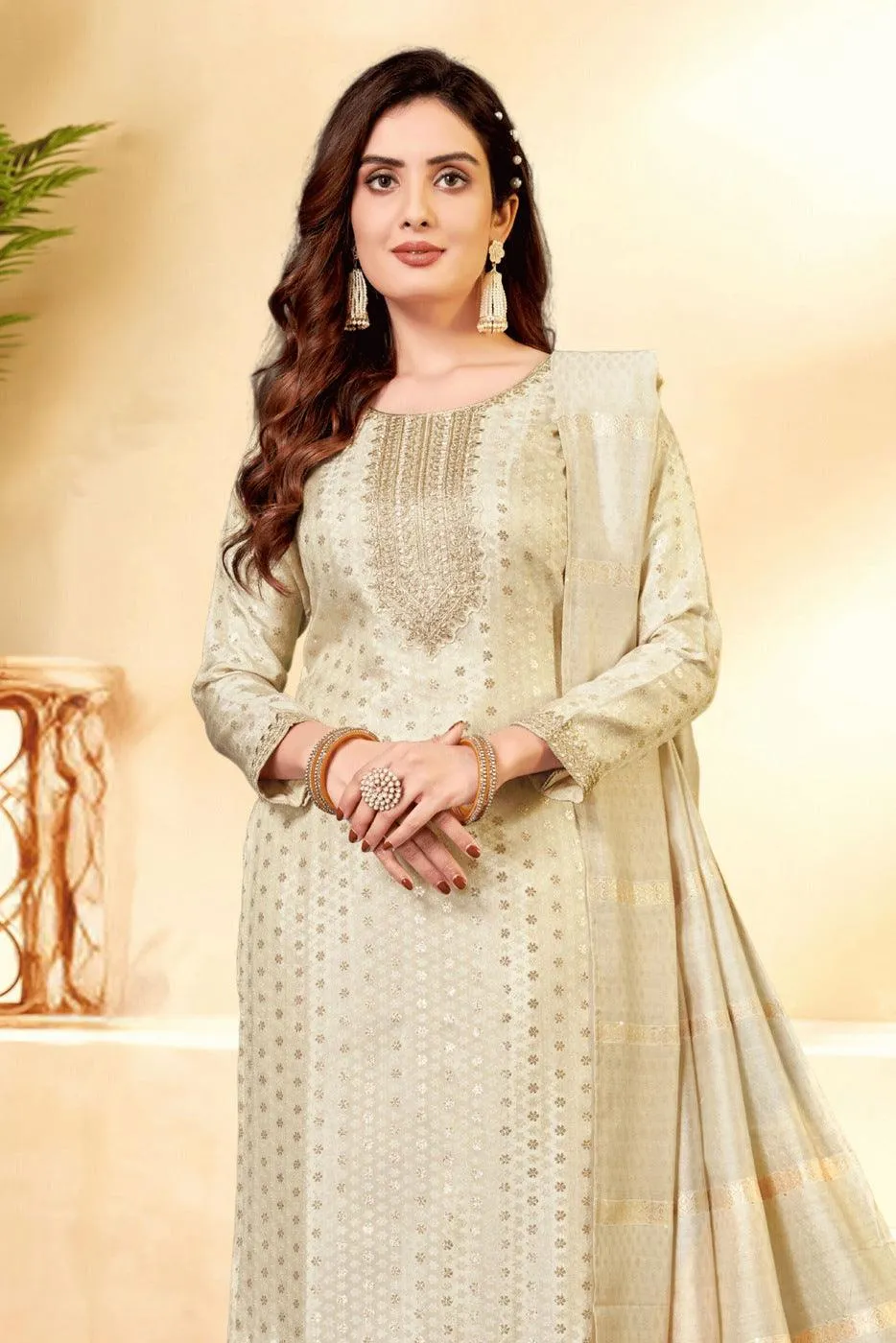 Cream Jacquard, Banaras, Sequins and Zari work Straight Cut Salwar Suit