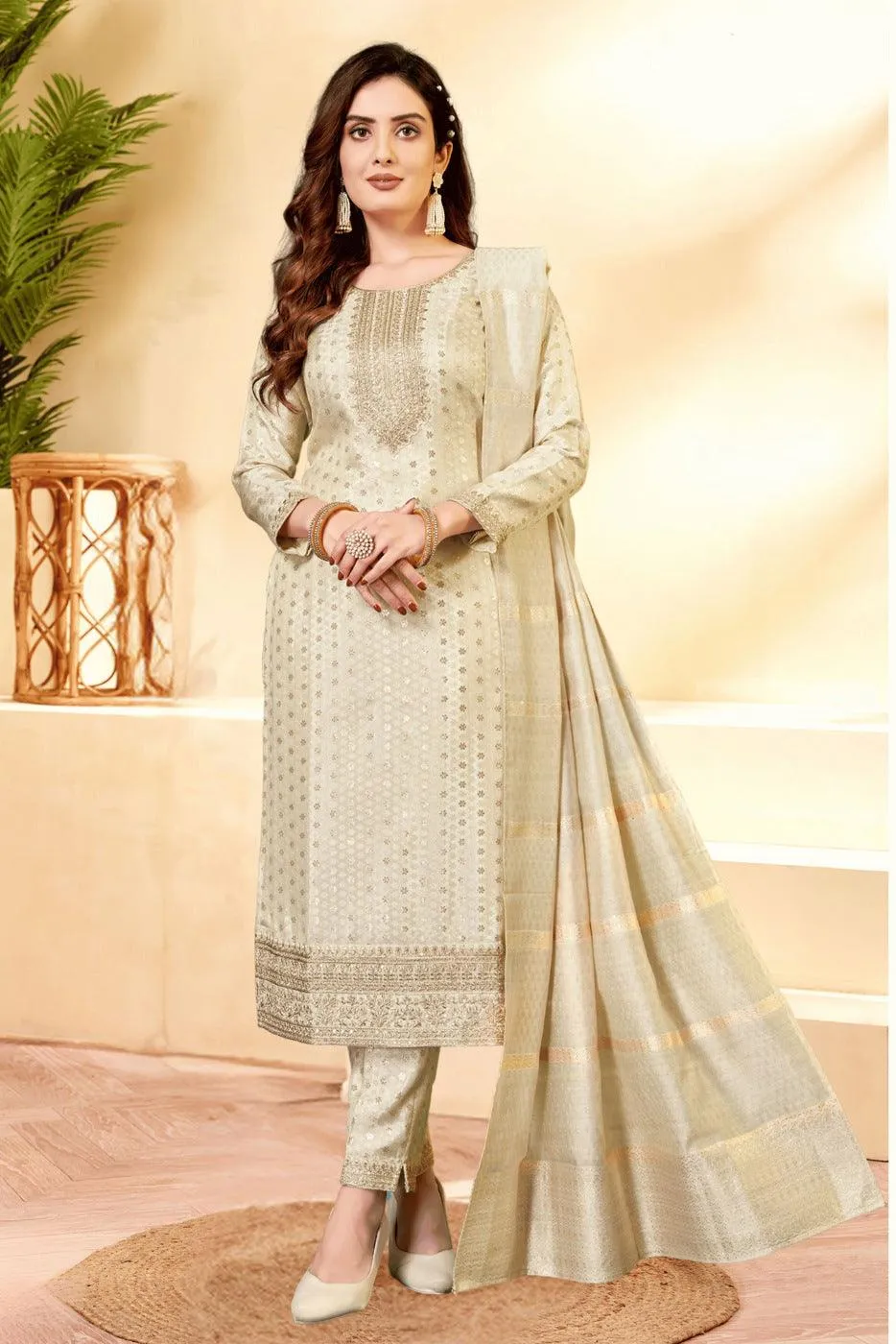 Cream Jacquard, Banaras, Sequins and Zari work Straight Cut Salwar Suit