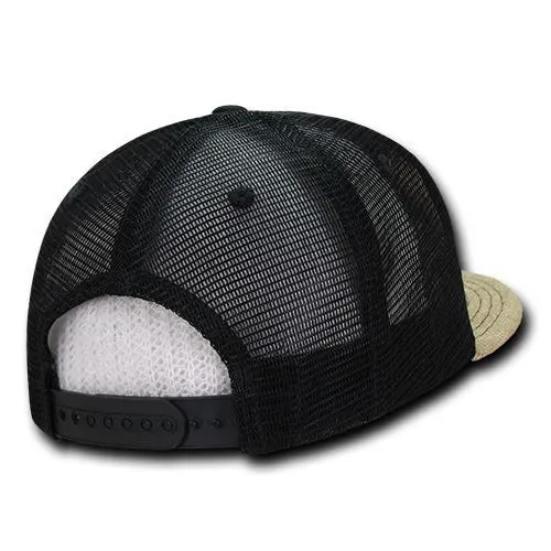 Decky 1138 - Jute Trucker Snapback Hat, 6 Panel Flat Bill Cap - CASE Pricing