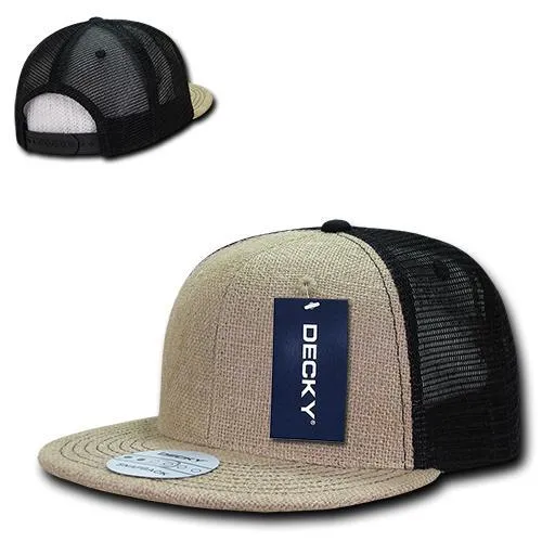 Decky 1138 - Jute Trucker Snapback Hat, 6 Panel Flat Bill Cap