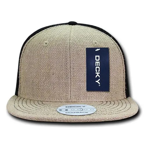 Decky 1138 - Jute Trucker Snapback Hat, 6 Panel Flat Bill Cap