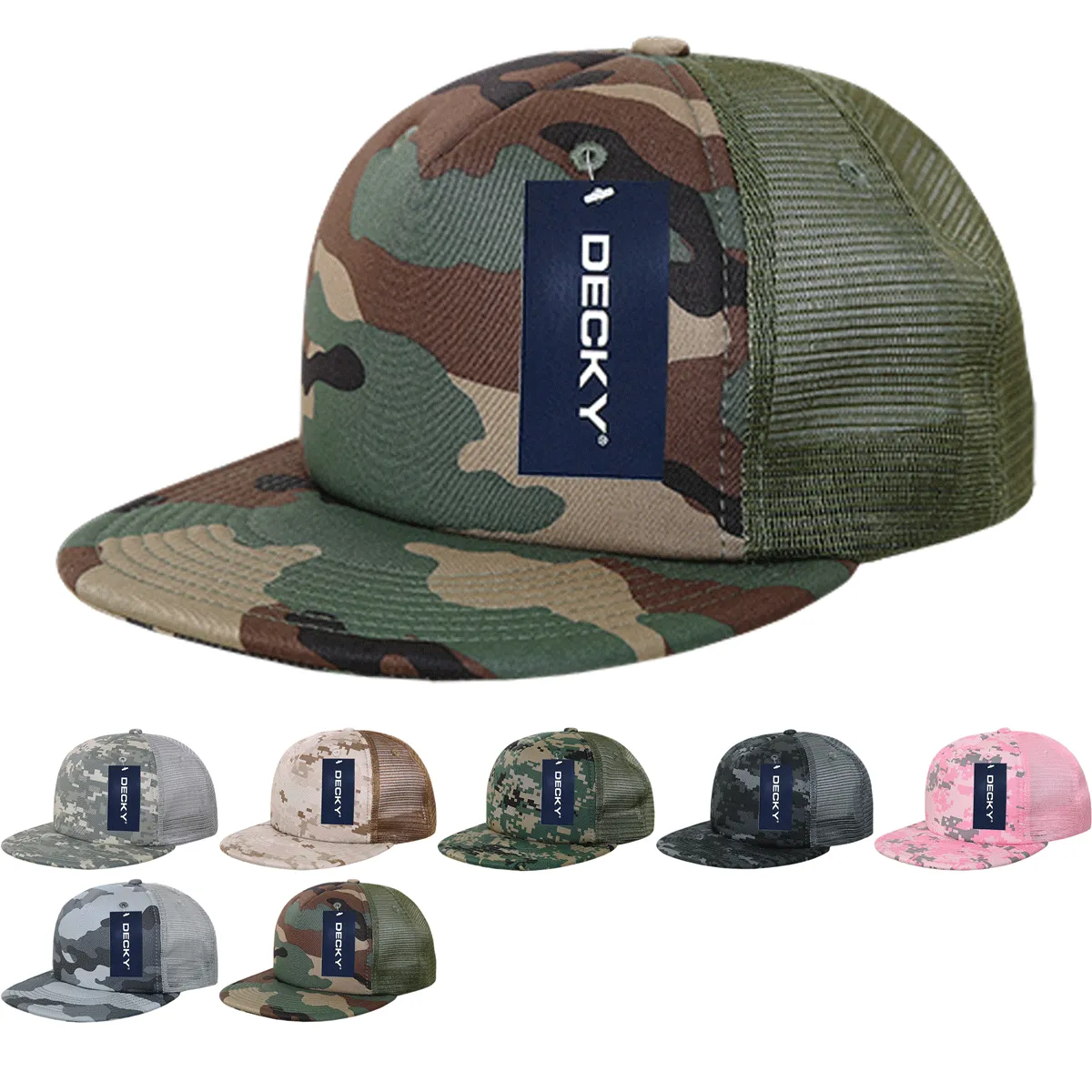 Decky 254 5 Panel Camo Foam Trucker Hat, Flat Bill Camouflage Trucker Cap