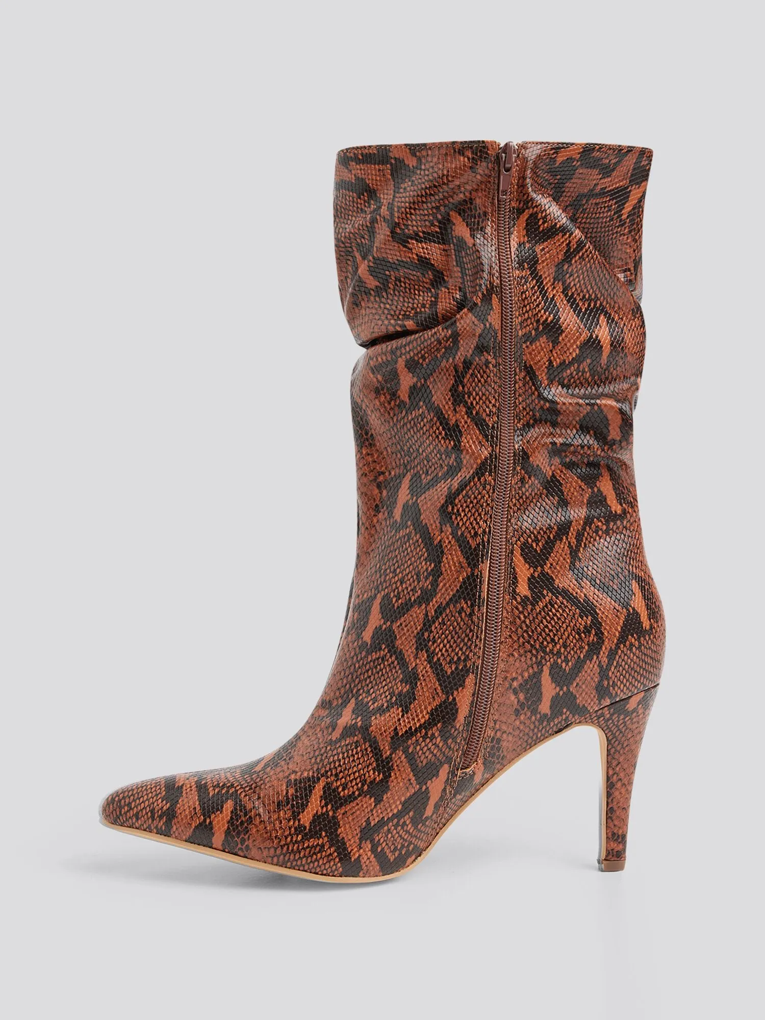 Fawn Snake Print Mid-Calf Slouch Boots