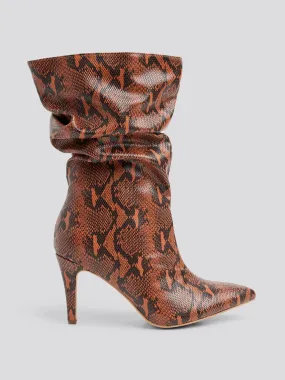 Fawn Snake Print Mid-Calf Slouch Boots