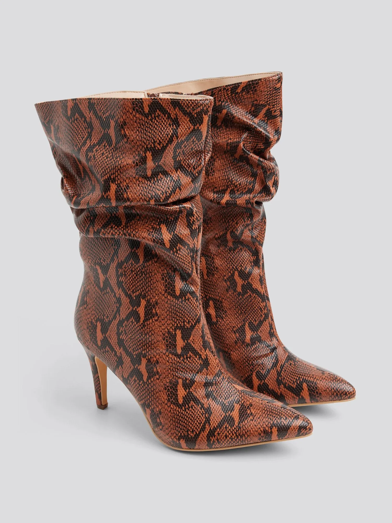 Fawn Snake Print Mid-Calf Slouch Boots