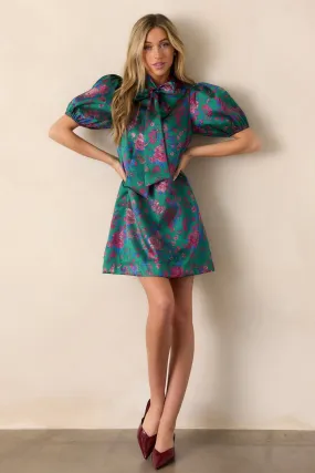 Here To Stay Green Jacquard Puff Sleeve Mini Dress