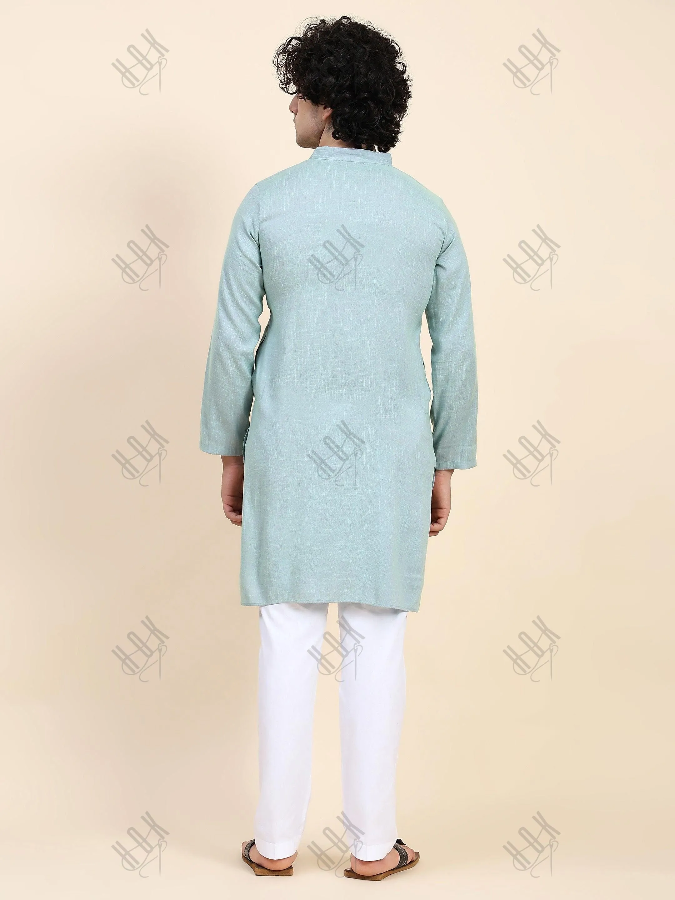 HOK Men's Chikankari Kurta in Cotton Silk Blend - Sea Green