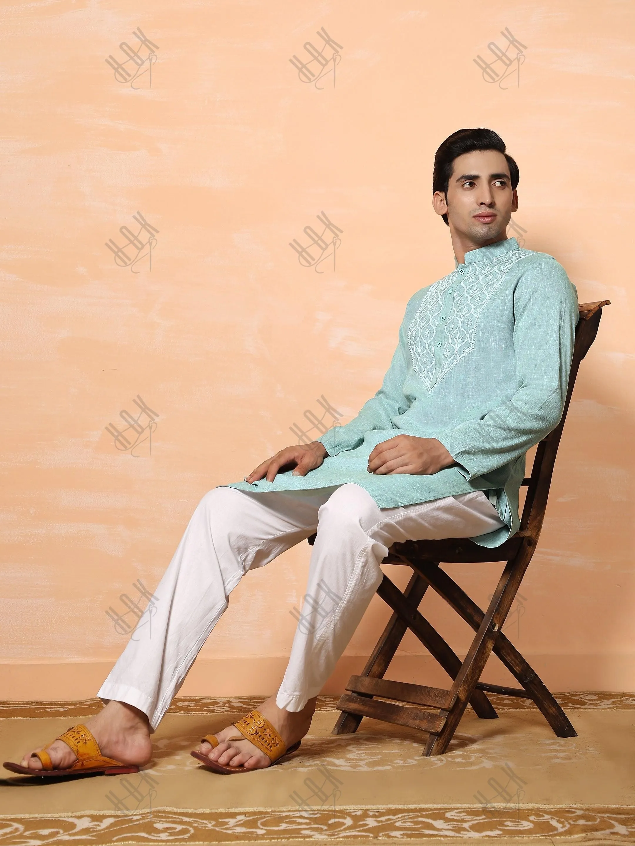 HOK Men's Chikankari Kurta in Cotton Silk Blend - Sea Green