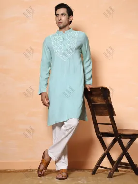 HOK Men's Chikankari Kurta in Cotton Silk Blend - Sea Green