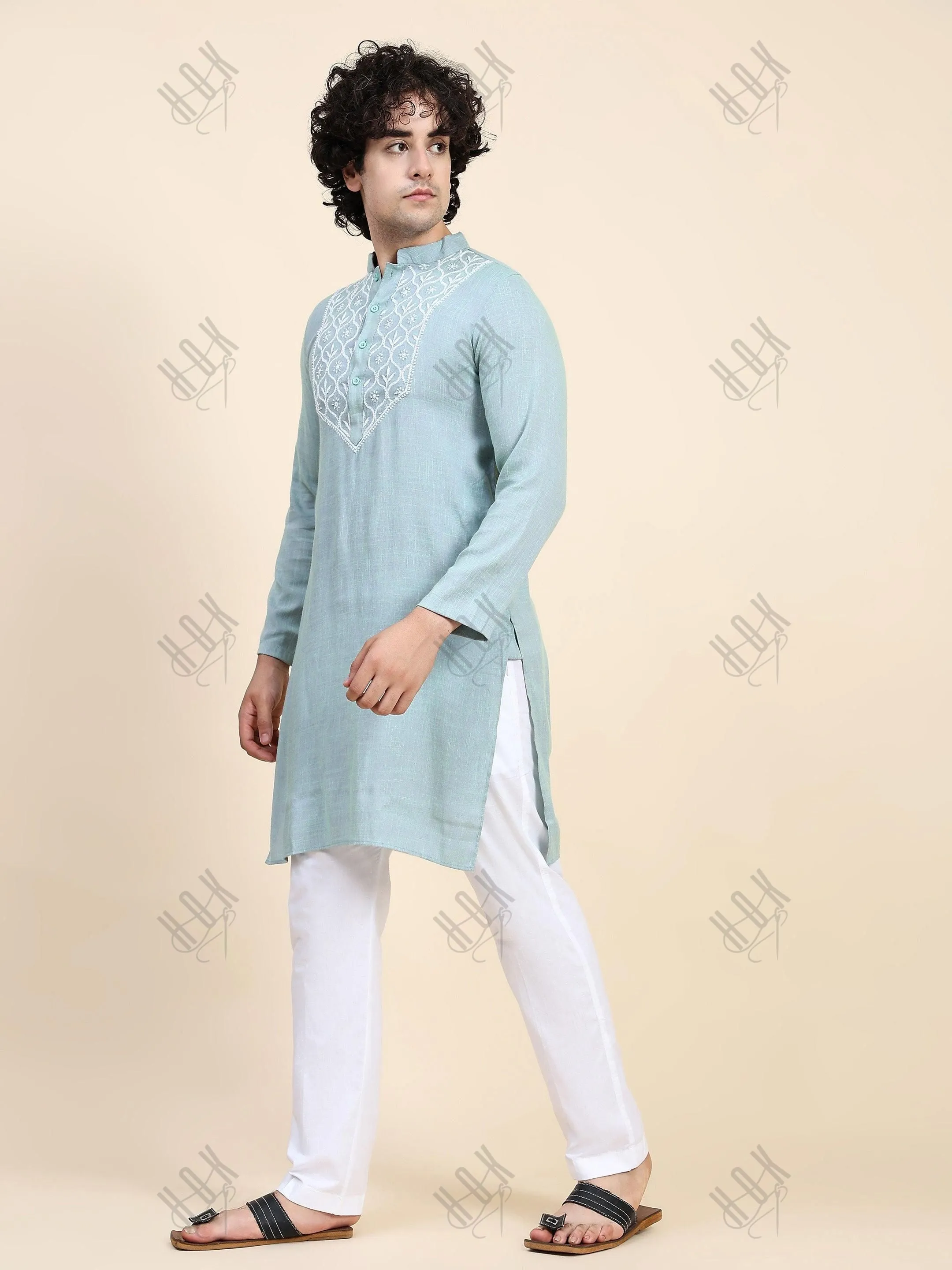 HOK Men's Chikankari Kurta in Cotton Silk Blend - Sea Green