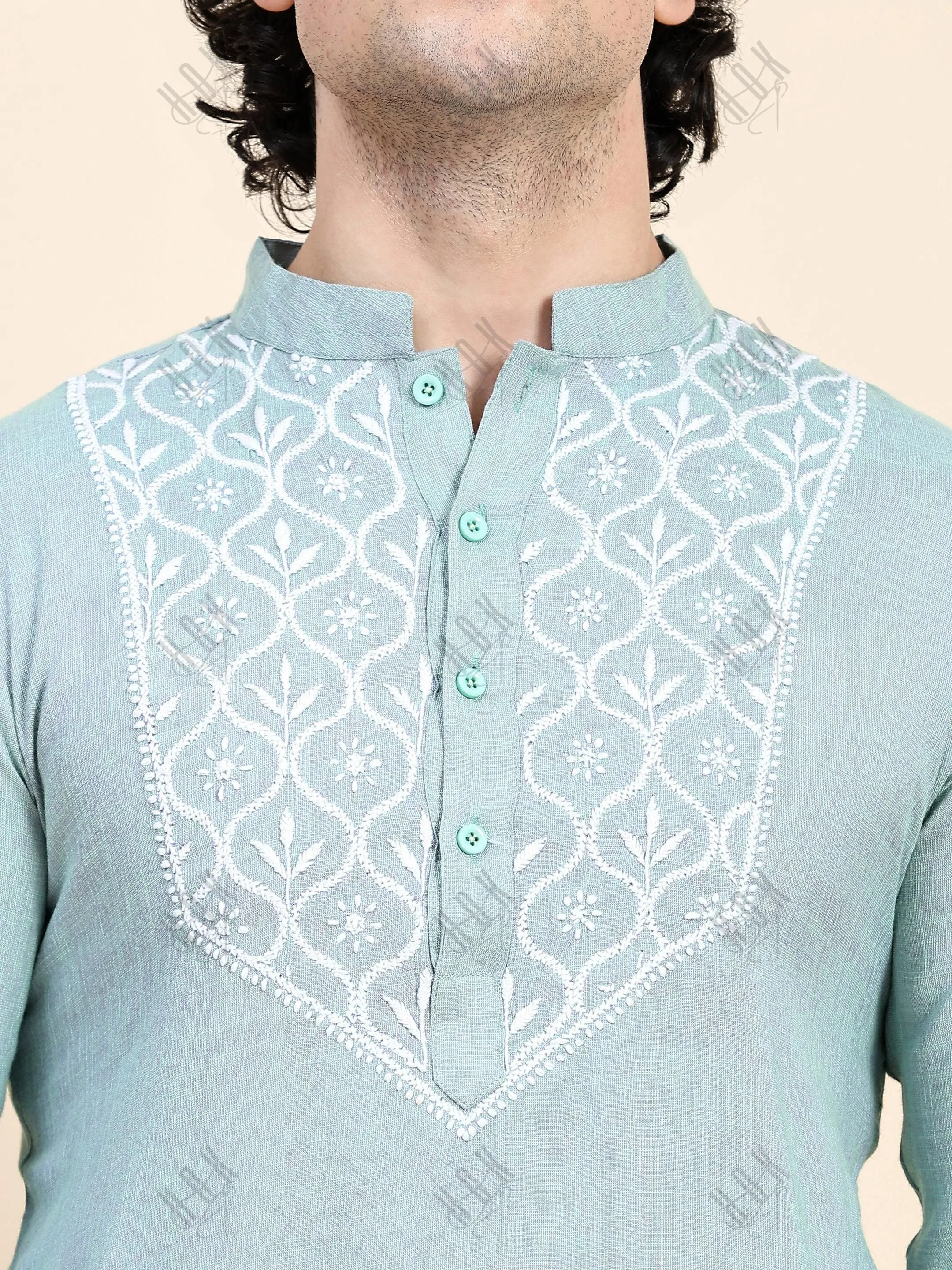 HOK Men's Chikankari Kurta in Cotton Silk Blend - Sea Green