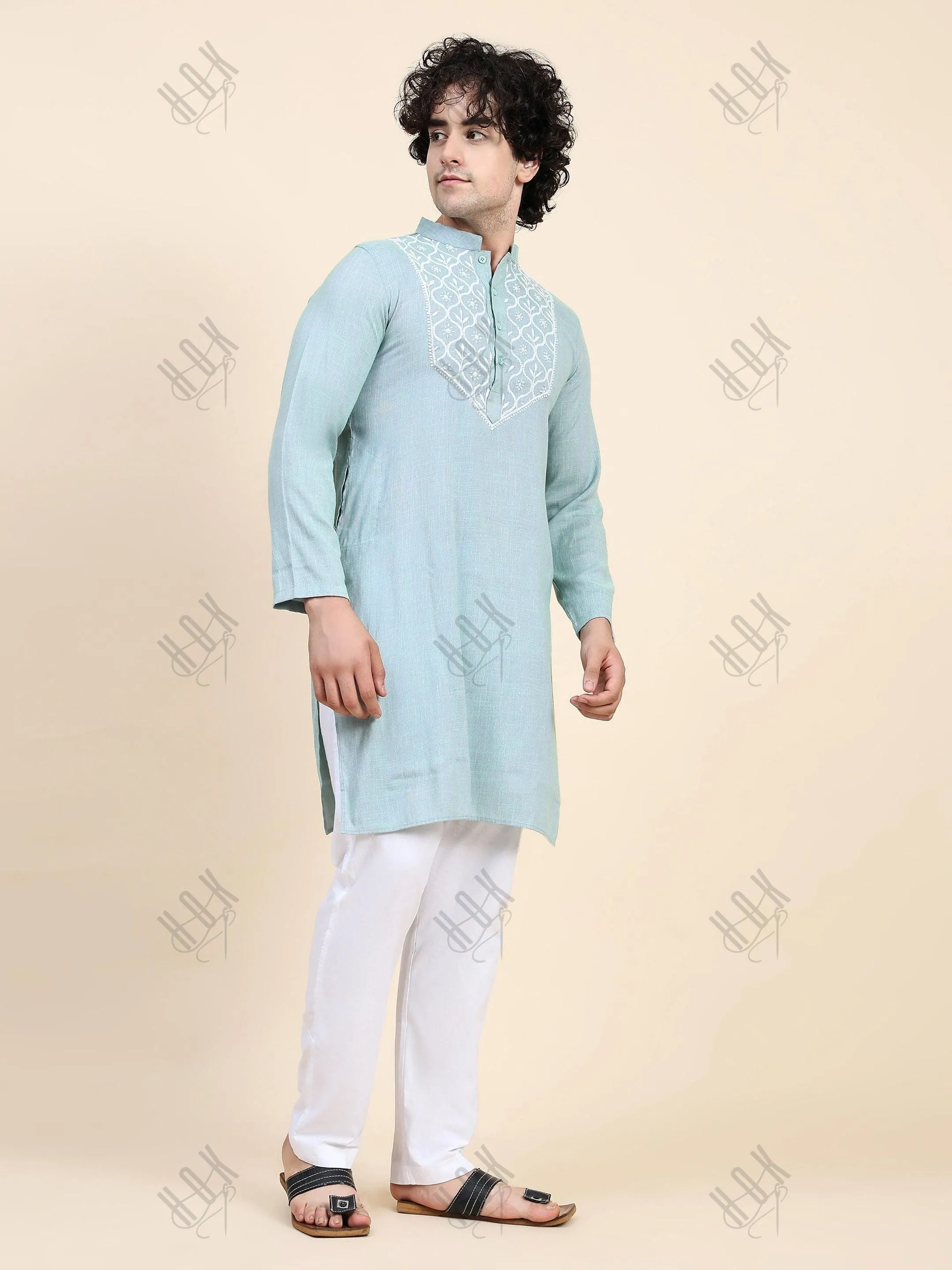 HOK Men's Chikankari Kurta in Cotton Silk Blend - Sea Green