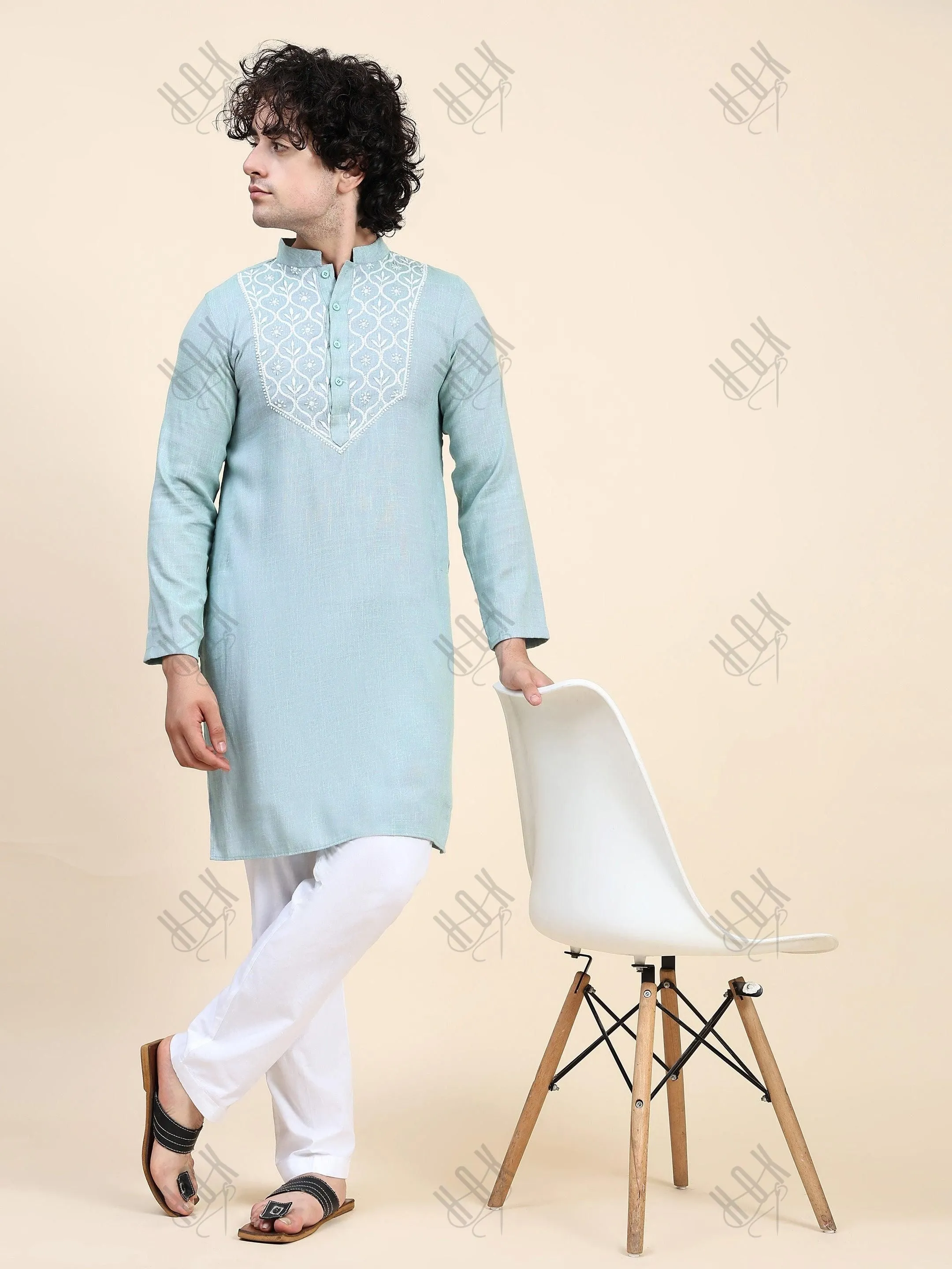 HOK Men's Chikankari Kurta in Cotton Silk Blend - Sea Green