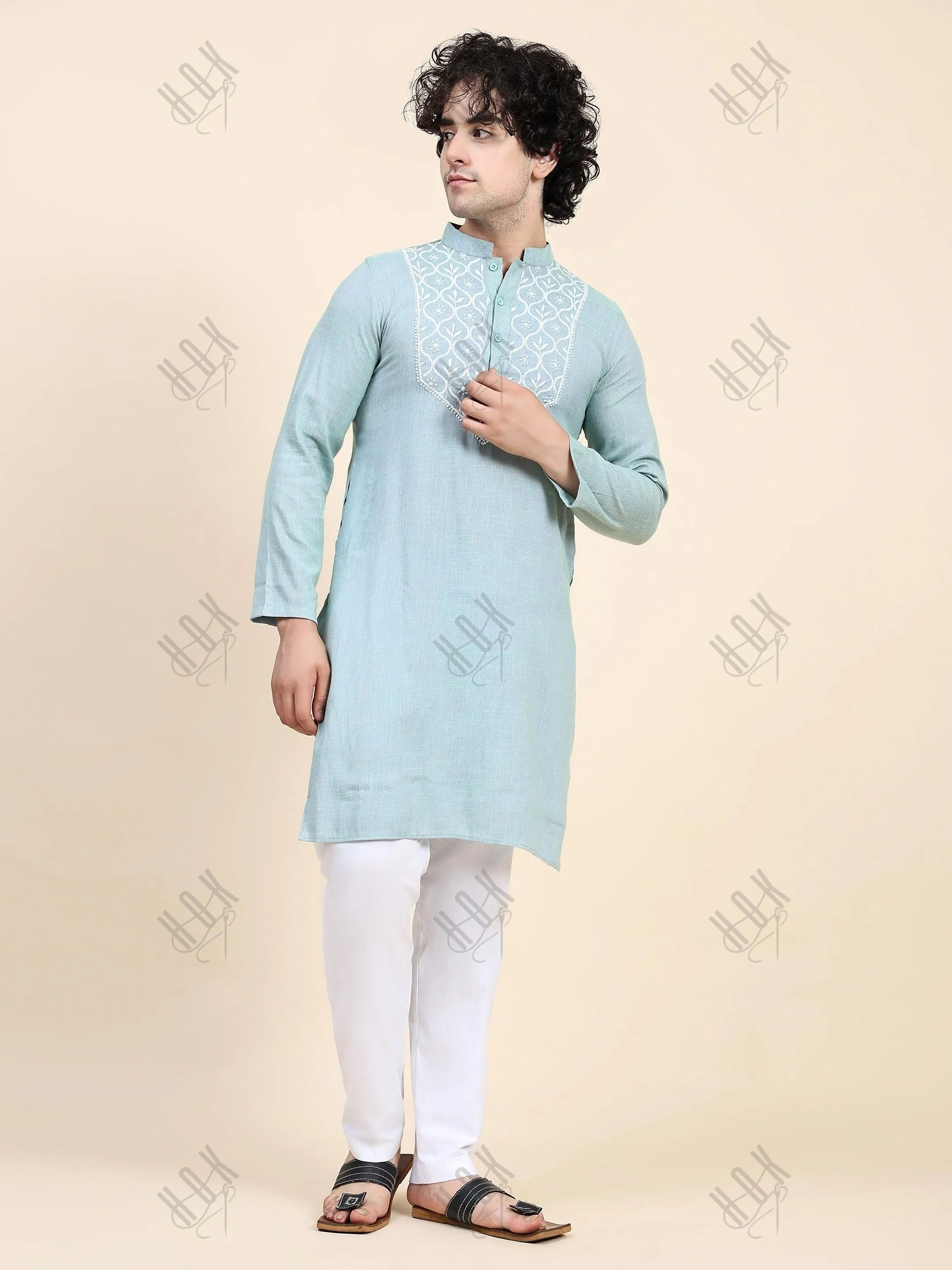 HOK Men's Chikankari Kurta in Cotton Silk Blend - Sea Green