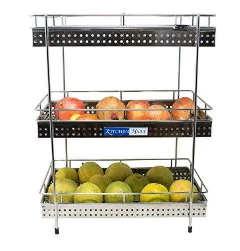 Kitchen Mart Fruit & Vegetable Trolley with / without Wheels, Rectangle, 3-Tier, Perfo Model, Stainless Steel (Multipurpose Kitchen Storage Rack / Shelf)