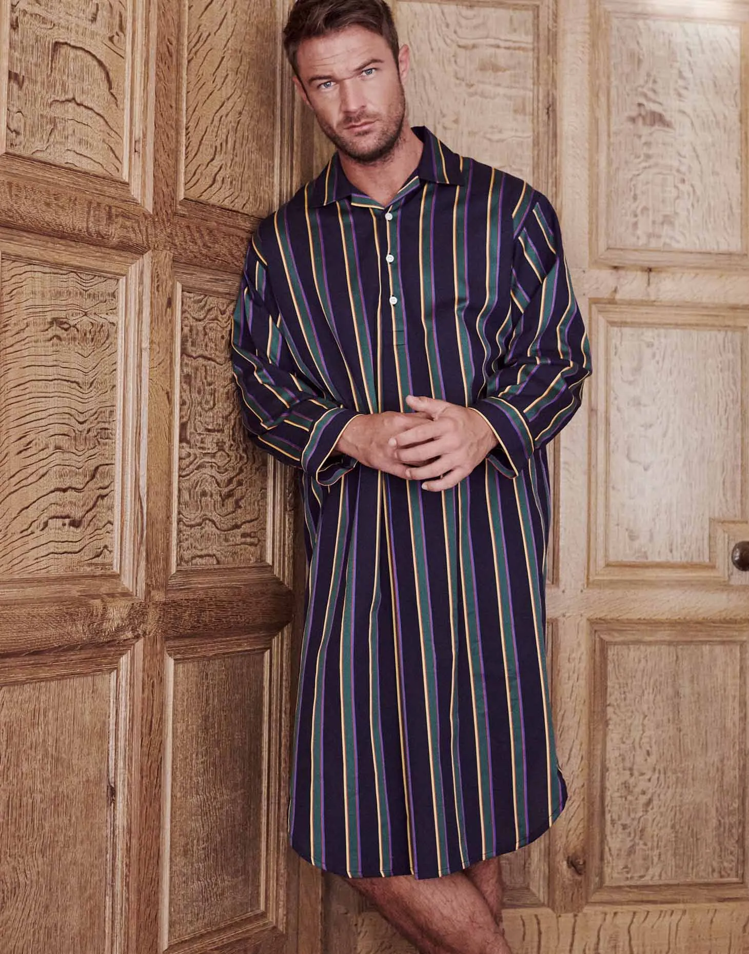 Men's Cotton Nightshirt – Malachite Regimental Satin Stripe