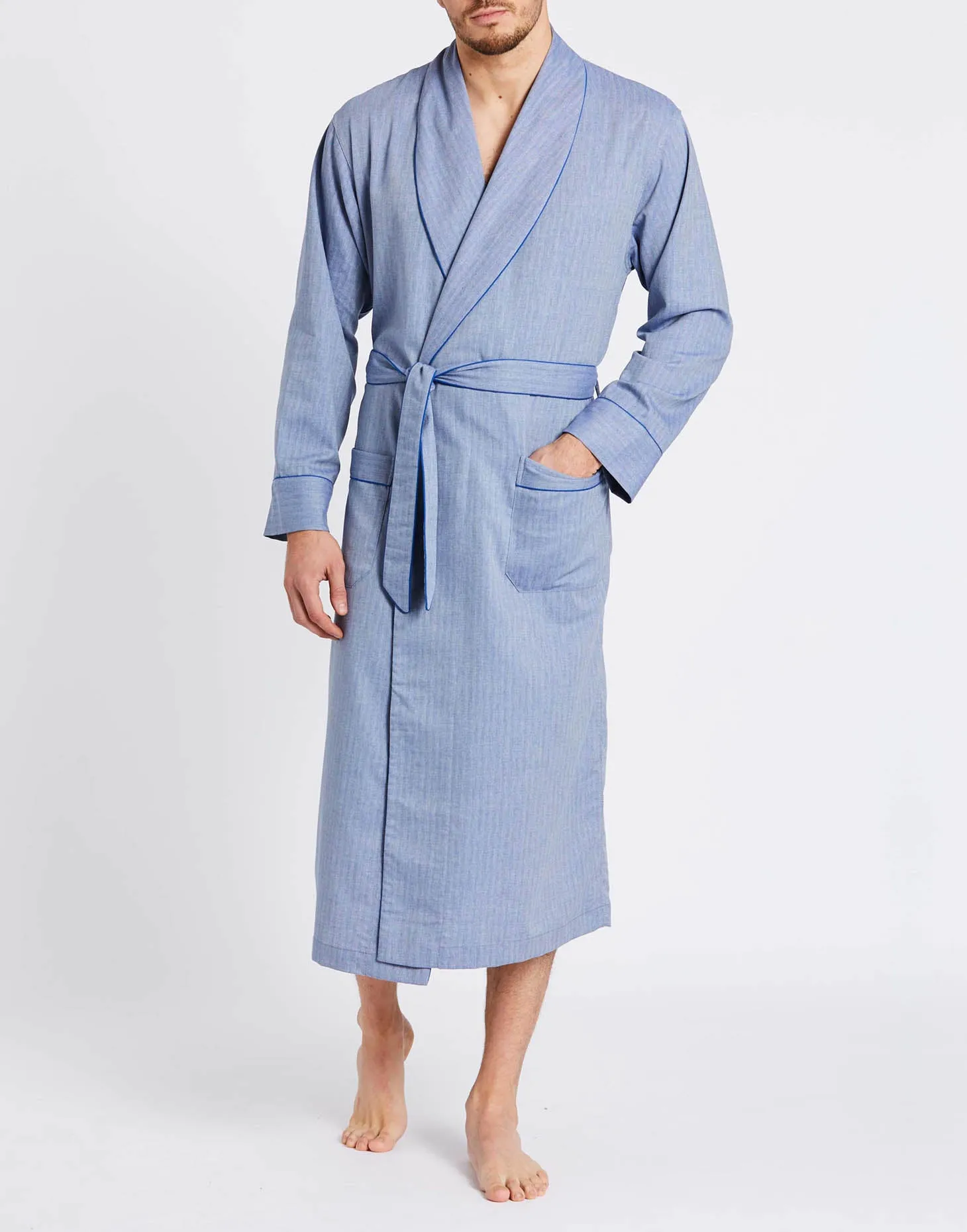 Men's Cotton Twill Dressing Gown – Garrison Blue Herringbone