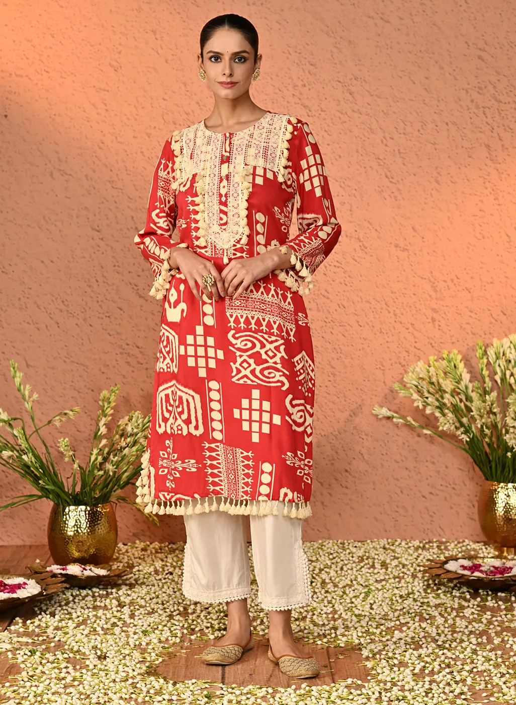 Pankh Cream Loose Fit Cotton Palazzos for Women