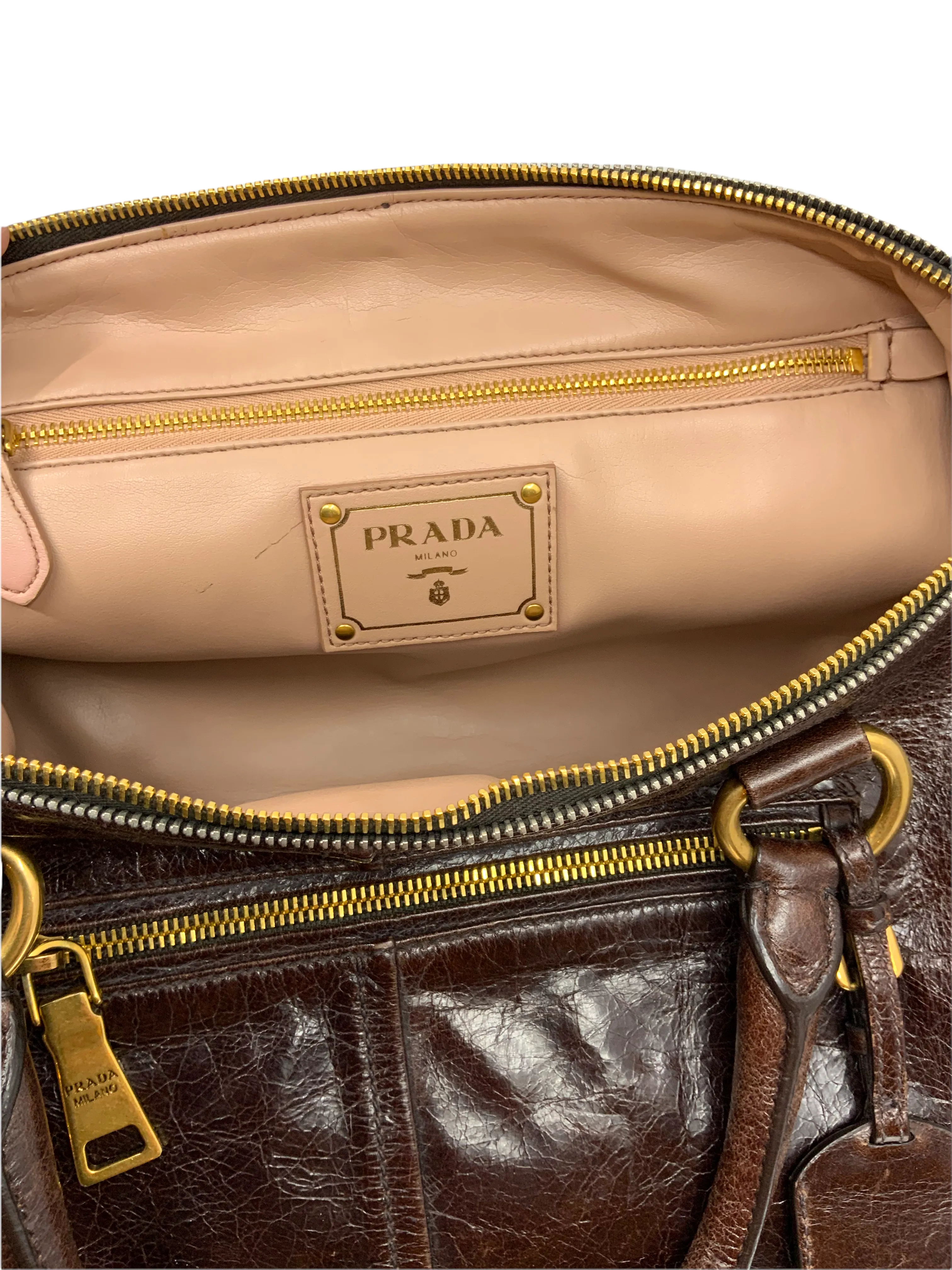 Prada Glazed Leather Front Zip Satchel with Strap