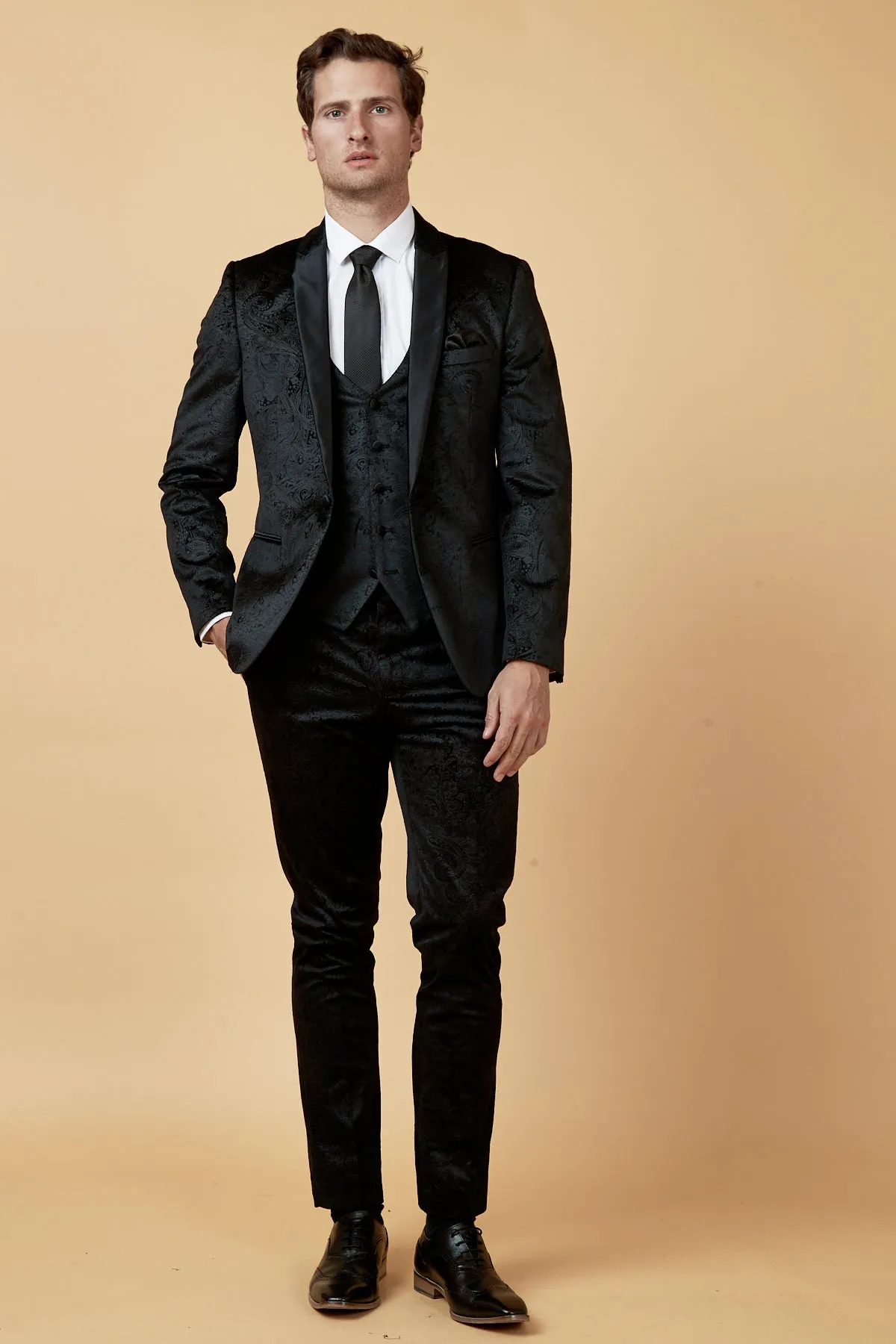 SIMON - Black Velvet Jacquard Three Piece Suit