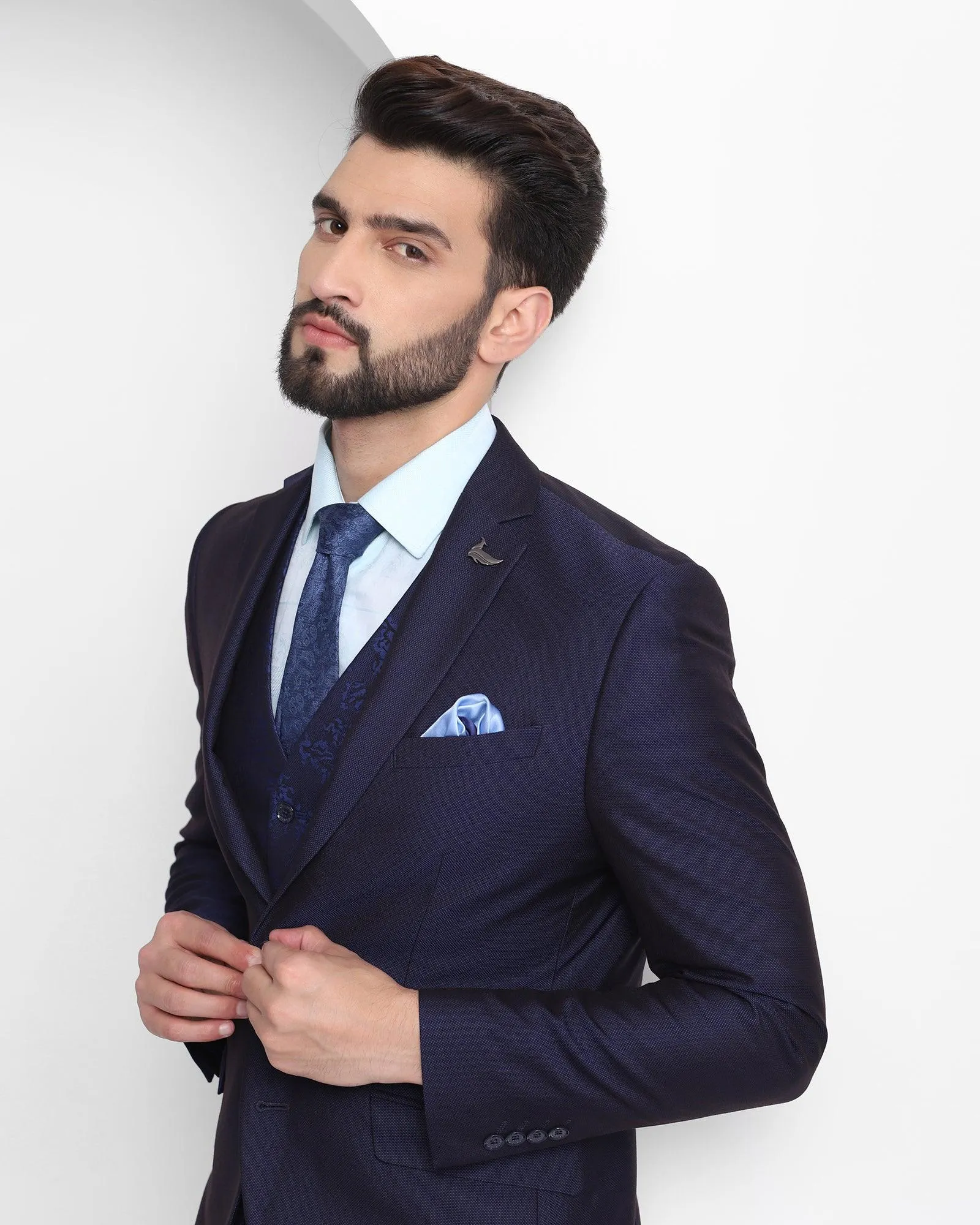 Three Piece Navy Textured Formal Suit - Mawrry