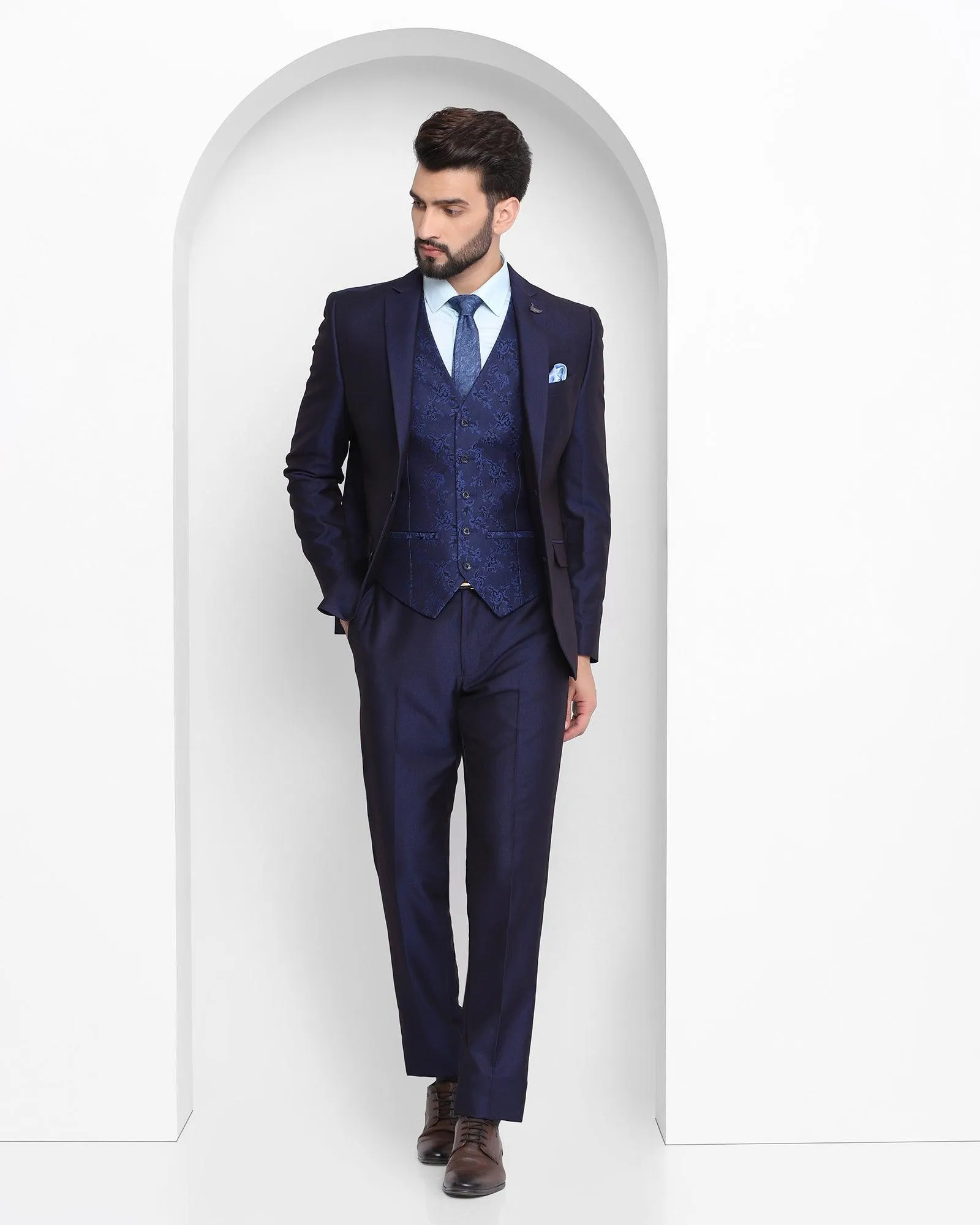 Three Piece Navy Textured Formal Suit - Mawrry