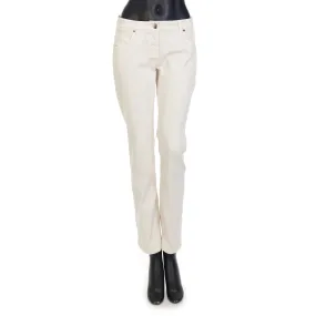 White Stretch Dyed Denim Five-Pocket Trousers - Monili Embroidery Leather Tab